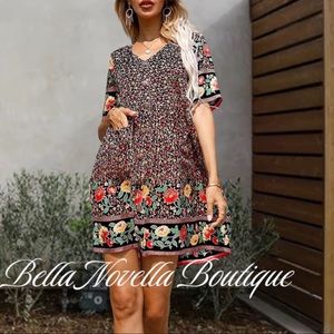 🔴 Ditsy Floral Print Button Front Smock Dress